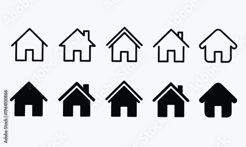 Web home icon set for websites and apps. Simple house symbol. Flat real estate sign. Main page pictogram in filled, thin line, outline and stroke style. Isolated illustration.