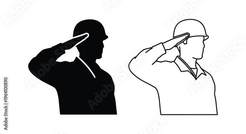Saluting Soldier, Military Salute, Vector Icons, Black and White Illustrations