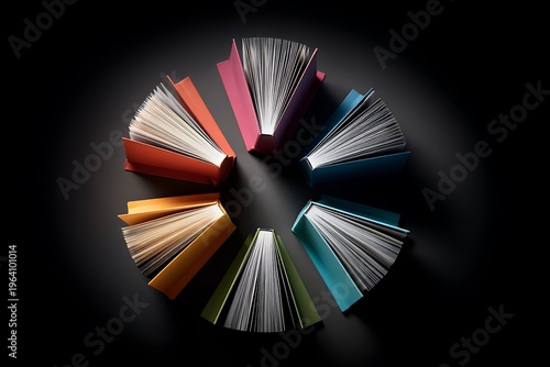 A captivating overhead view of brightly colored books fanned open in a circular formation on a dark surface