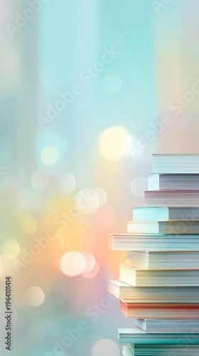 A tall organized stack of vibrant books with colorful edges stands vertically against a shimmering bokeh background