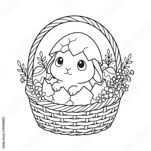 Cute baby bunny in Easter basket with flowers and cracked eggshell, coloring page for children, Adorable rabbit hatching from egg in a woven basket outline, spring holiday line art vector