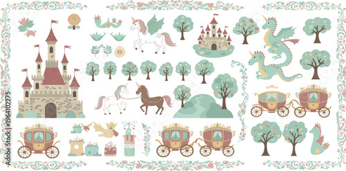 Whimsical fantasy illustrations of castles carriages and animals in a fairytale setting with trees and other decorative elements