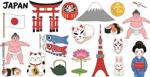 Japan Culture Vector Illustration Set with Torii Gate, Mount Fuji, Sushi, Maneki Neko, Geisha and Traditional Japanese Symbols Collection