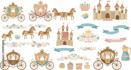 Whimsical fairy tale illustrations of carriages castles and royal elements for kids