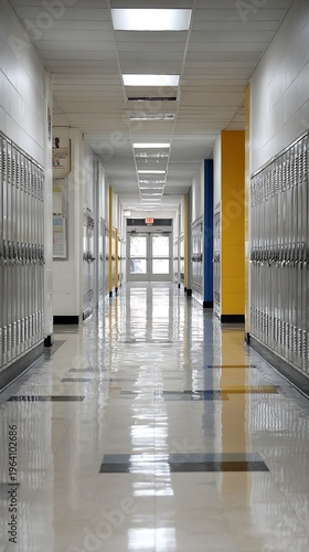 Long empty school hallway with lockers, bright fluorescent lights, and an emergency exit door