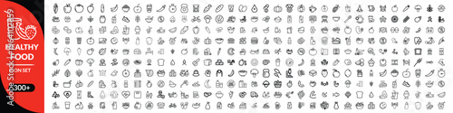 Healthy food, Web Set of Nutrition, Healthy food and Detox Diet Vector Icons. Contains such Icons as Metabolism, Caunt Calories, Palm oil free, Zero thans fat, Probiotics and more. Simple Outline icon