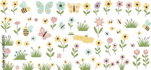 Whimsical garden insects and flowers on white background illustration