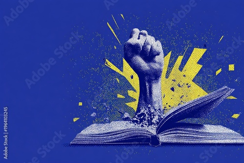 Striking graphic depicting a strong raised fist breaking through an open book symbolizing knowledge and revolution