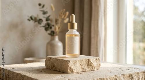 Serum bottle mockup on stone podium with natural background