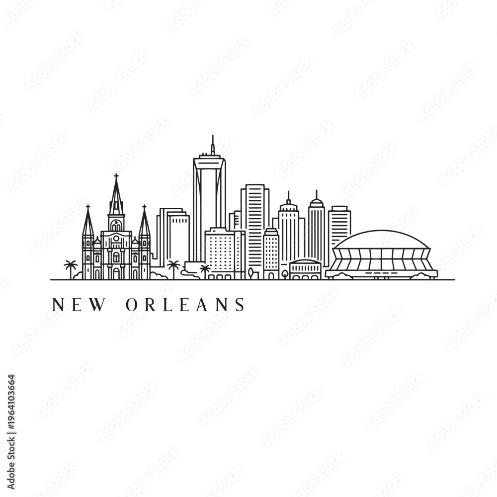 Naklejka premium New Orleans Skyline Line Icon – Minimal Black Outline Cityscape Vector