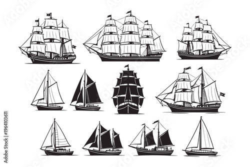 Vintage Sailing Ships and Sailboats Collection Nautical Marine Vector Illustration Set