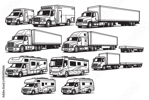 Commercial Truck Trailer Ambulance and RV Vehicle Collection Vector Illustration Set