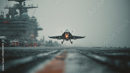 Flight Operations: Close-up of a naval jet landing from a carrier during a military buildup, Generative AI