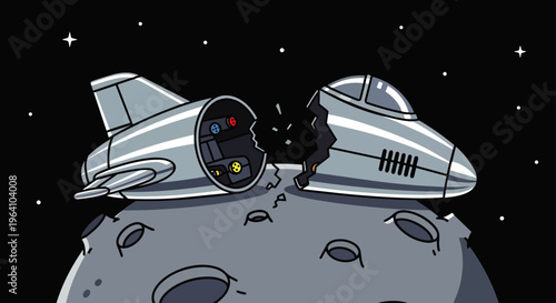 crashed cartoon spaceship split in two on a desolate moon surface highlighting space exploration risks and technological breakdown.