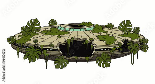 ufo an abandoned alien spaceship overgrown with lush jungle foliage lies damaged depicting nature reclaiming technology.