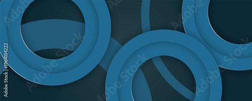 Dark abstract background with overlapping geometric circles. Minimalist design with sparkling light line decoration. Trendy concept with modern shadow effect. EPS. 2