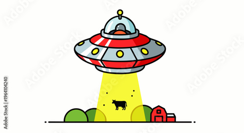 a ufo alien abduction flying saucer hovers over a farm beaming up a cow with bright light in a humorous sci-fi scene