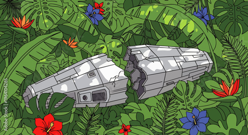 crashed spaceship an alien spacecraft wreck abandoned in a lush tropical jungle a mysterious sci-fi accident illustrating lost technology.