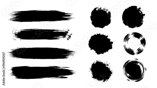 black grunge brush strokes and ink splatters create abstract artistic textures on a white background perfect for creative design projects.