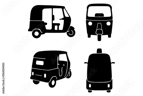 Vector graphic illustration of a tuk-tuk in four different views including side, front, back, and rear perspective