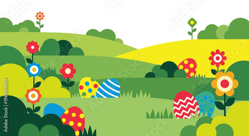 easter egg hunt in a vibrant spring landscape featuring colorful eggs and blooming flowers ideal for festive holiday celebration content.