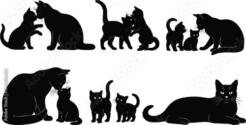 Family of Cats Silhouette Set with Parent and Kittens Playing, Cuddling, and Interacting for Pet Lovers and Animal Illustrations