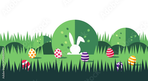 modern flat design easter egg hunt with a cute easter bunny and colorful eggs scattered in green grass celebrating spring.