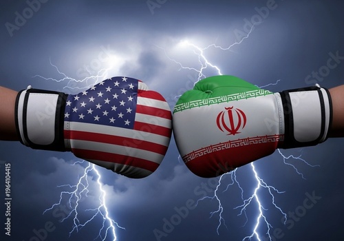 USA vs Iran Geopolitical Conflict Concept - American and Iranian Flag Boxing Gloves Clashing on Stormy Background with Lightning