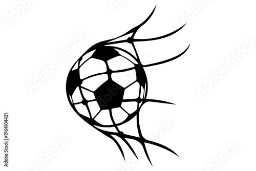 Black vector soccer ball illustration stuck in a torn net, symbolizing a goal