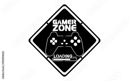 Gamer zone sign with a game controller and loading text, vector graphic illustration