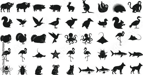 Large collection of diverse animal vector silhouettes including mammals birds sea life and insects isolated on white background for nature design wildlife projects and icons