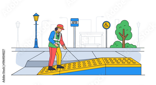 Worker installing tactile paving for visually impaired people.