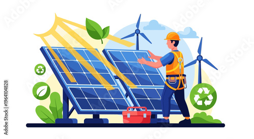 Worker installing solar panels with wind turbines nearby.
