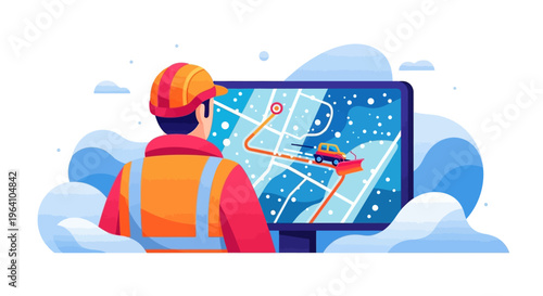 Worker in safety vest and hard hat viewing navigation map on computer screen.