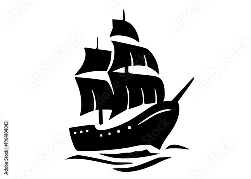 A black vector graphic illustration of a sailing ship on water with full sails