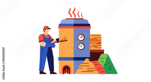 Worker operating industrial wood drying kiln with lumber stacks.