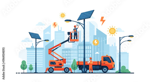 Workers Installing Solar Powered Street Lights Using Crane Truck.