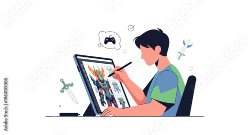 Young artist creating digital art on a tablet.