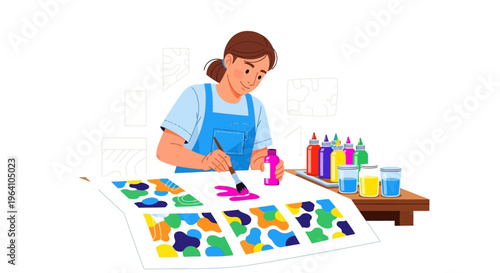 Young artist painting colorful abstract art pieces.