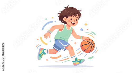 Young boy dribbling a basketball with energetic motion.