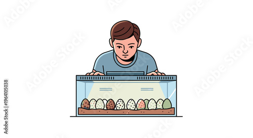 Young boy intently observing eggs in an incubator.
