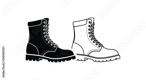 Combat Boots, Black and White, Vector Icons, Footwear