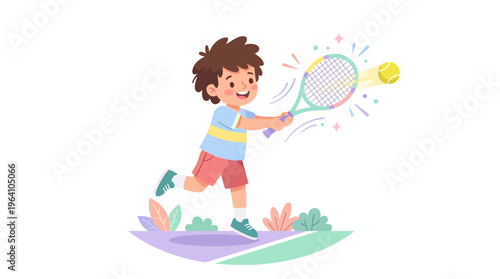Young boy playing tennis with a racket and ball.