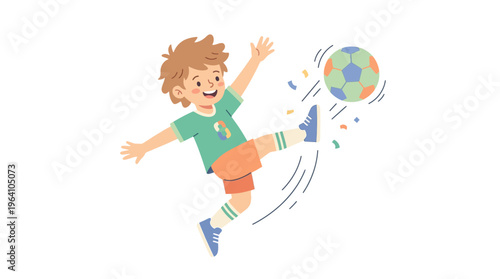 Young boy kicking a colorful soccer ball in mid-air.