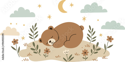 A brown bear sleeping peacefully in a field of flowers under a crescent moon