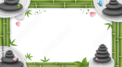 Zen Spa Border Frame with Bamboo, Stacked Stones, Petals, and Butterfly