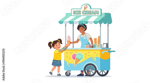 Young girl happily buys ice cream from vendor.