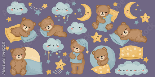 Cute cartoon bears and dreamy night sky illustrations for kids