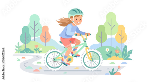 Young girl happily riding a bicycle outdoors.