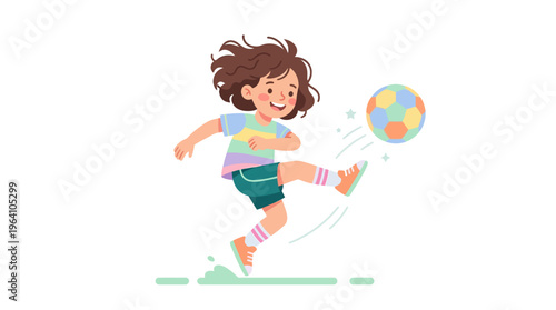 Young girl playing soccer with a colorful ball.